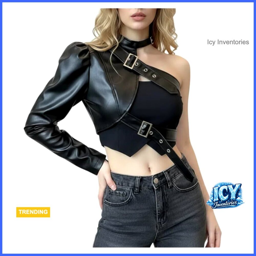One Shoulder Motorcycle Leather Jacket Halter Buckle Long Sleeve Tops